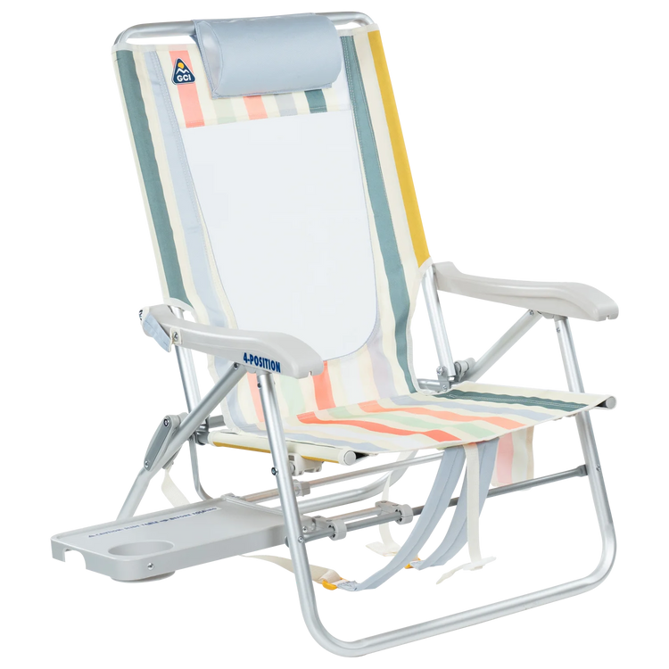 Front right view of the GCI Big Surf beach chair in retro beach stripes with the slide-out side table extended.