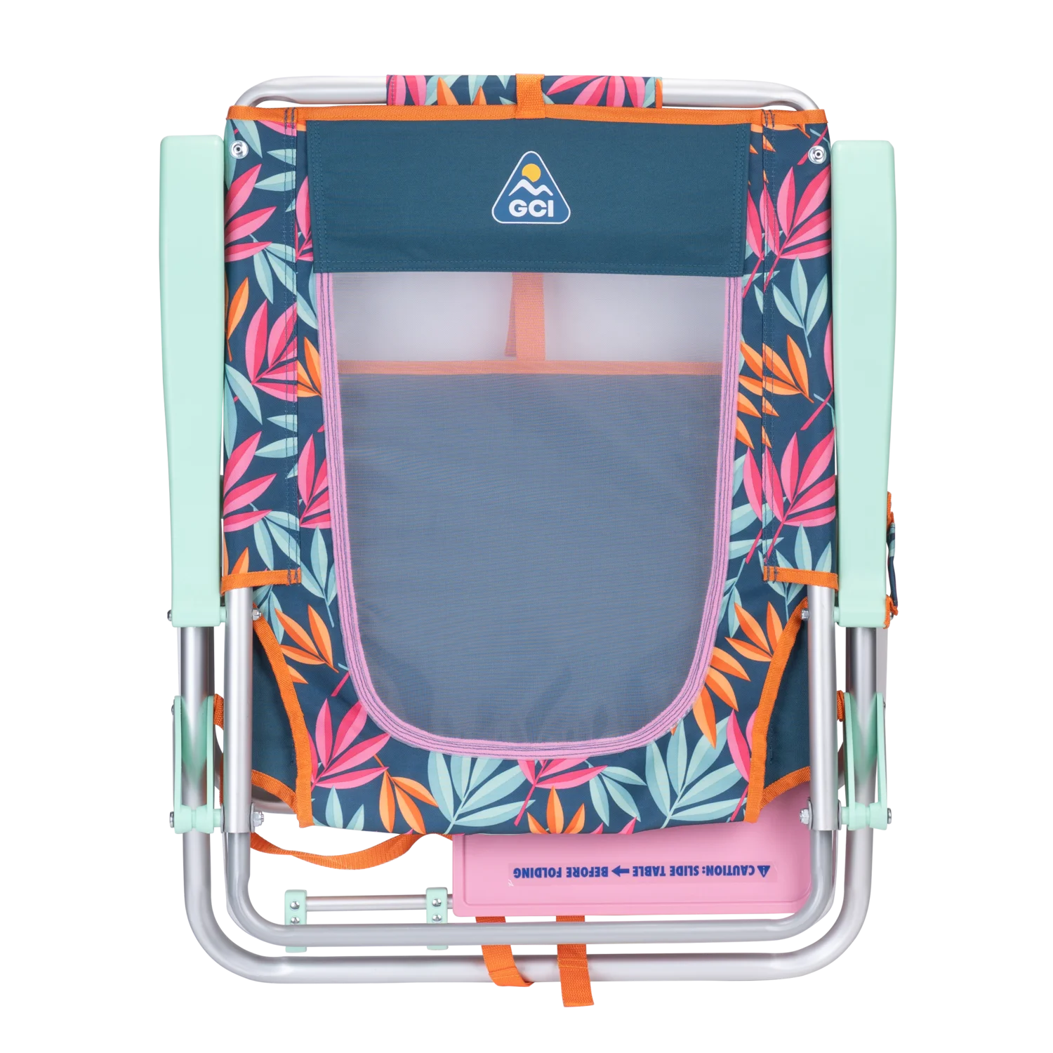 Back angle of the folded Big Surf with Slide Table in tropical escape print.