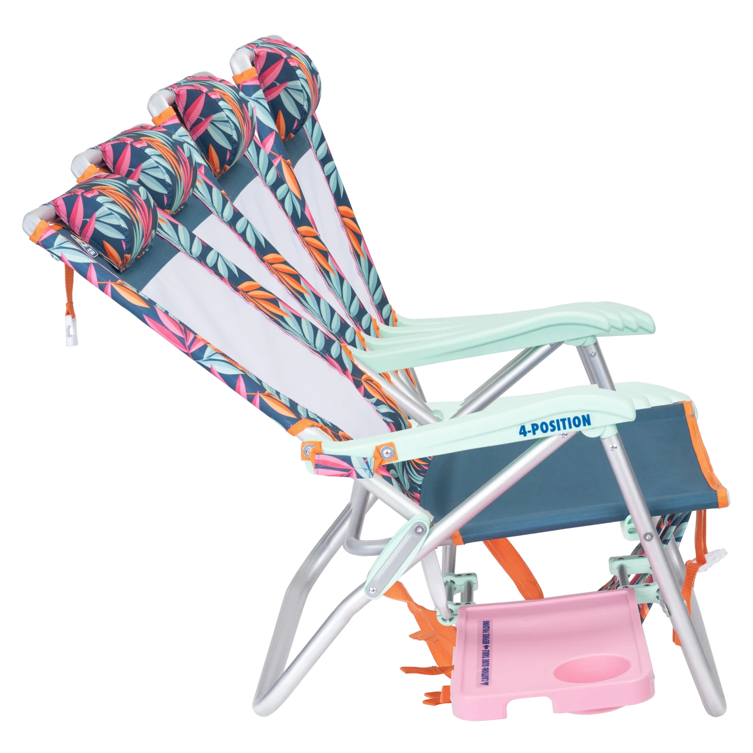 Side view of the recline positions on the Big Surf with Slide Table in tropical escape print.