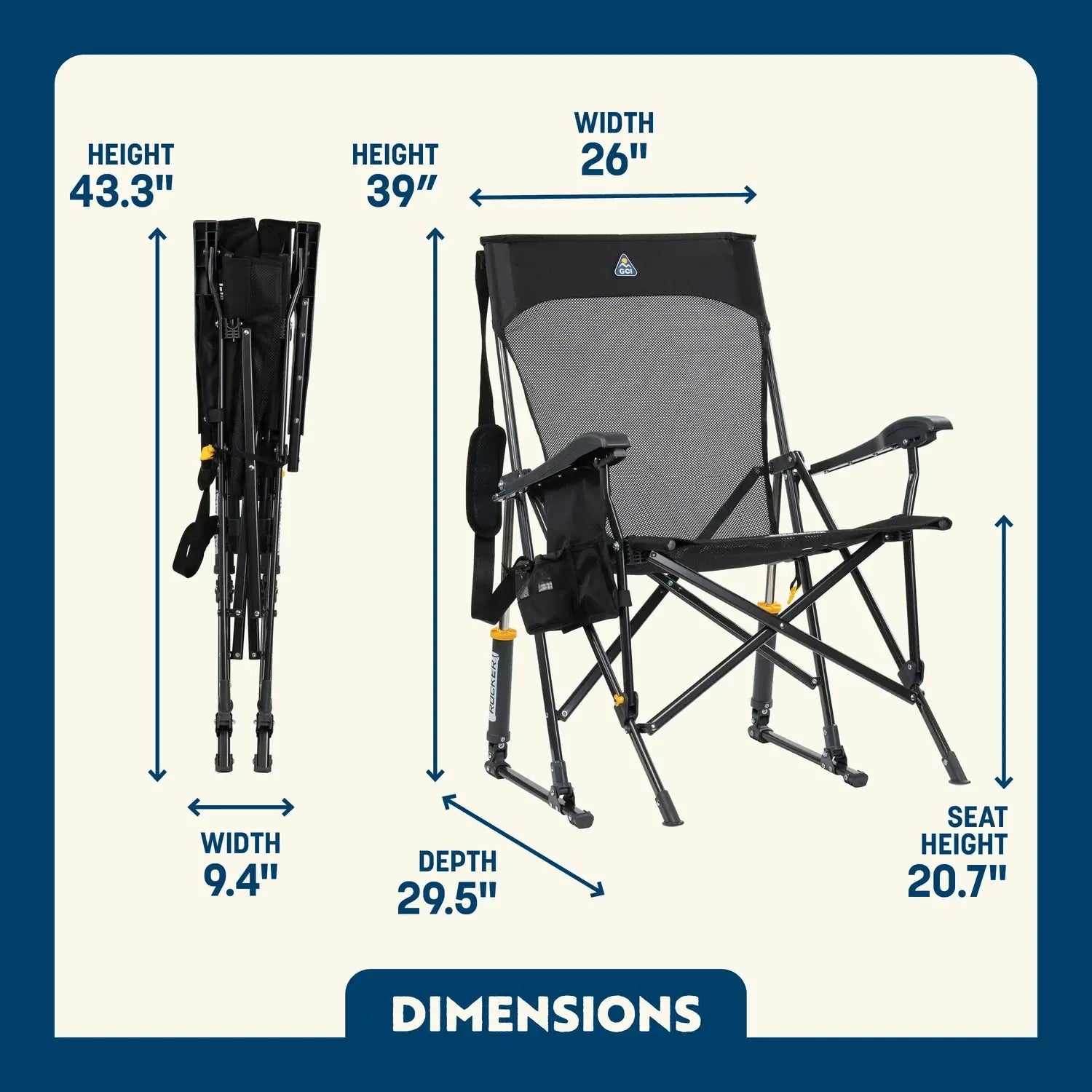 Black Breeze Rocker shown open and folded, with seat height, width, depth, and total height labeled.