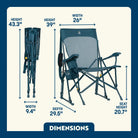 Teal Breeze Rocker shown open and folded, with seat height, width, depth, and total height labeled.