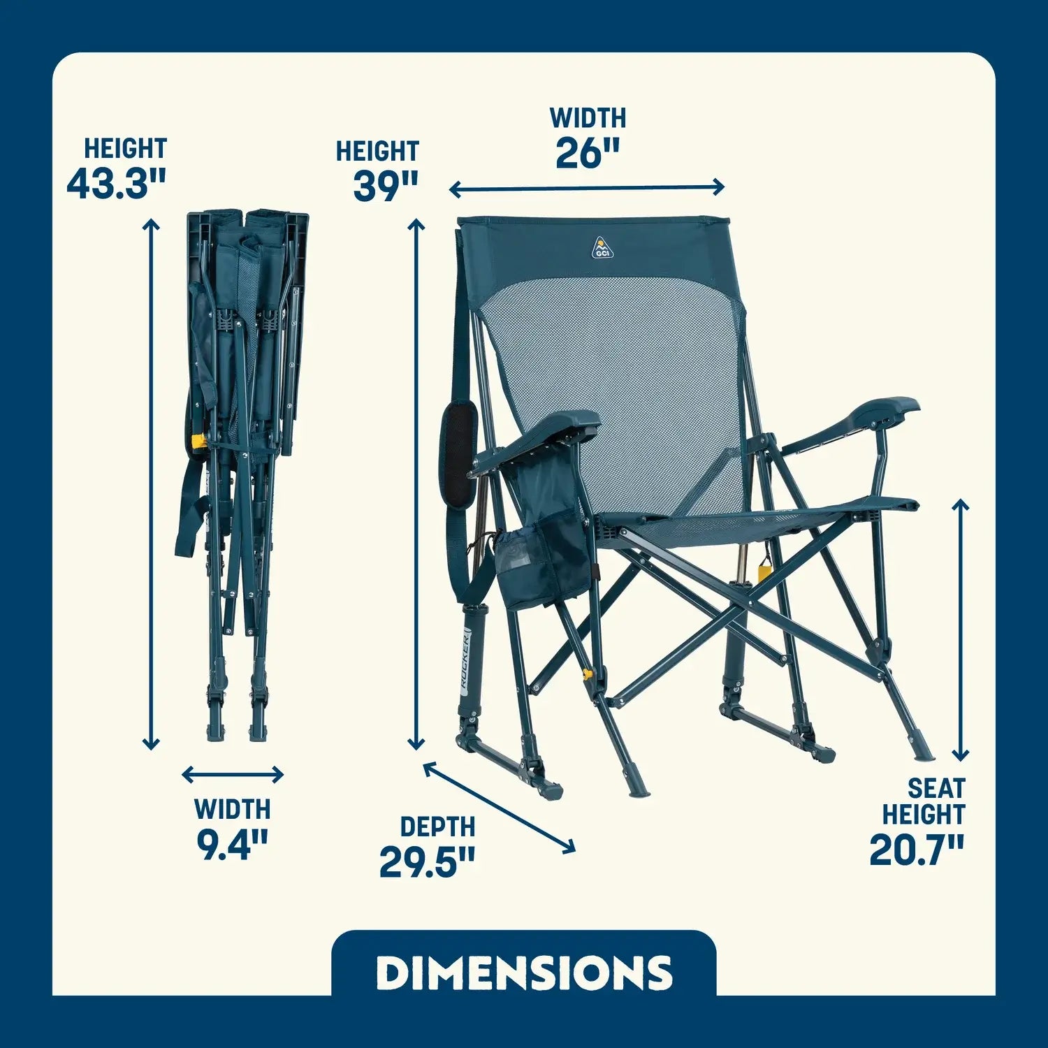 Teal Breeze Rocker shown open and folded, with seat height, width, depth, and total height labeled.
