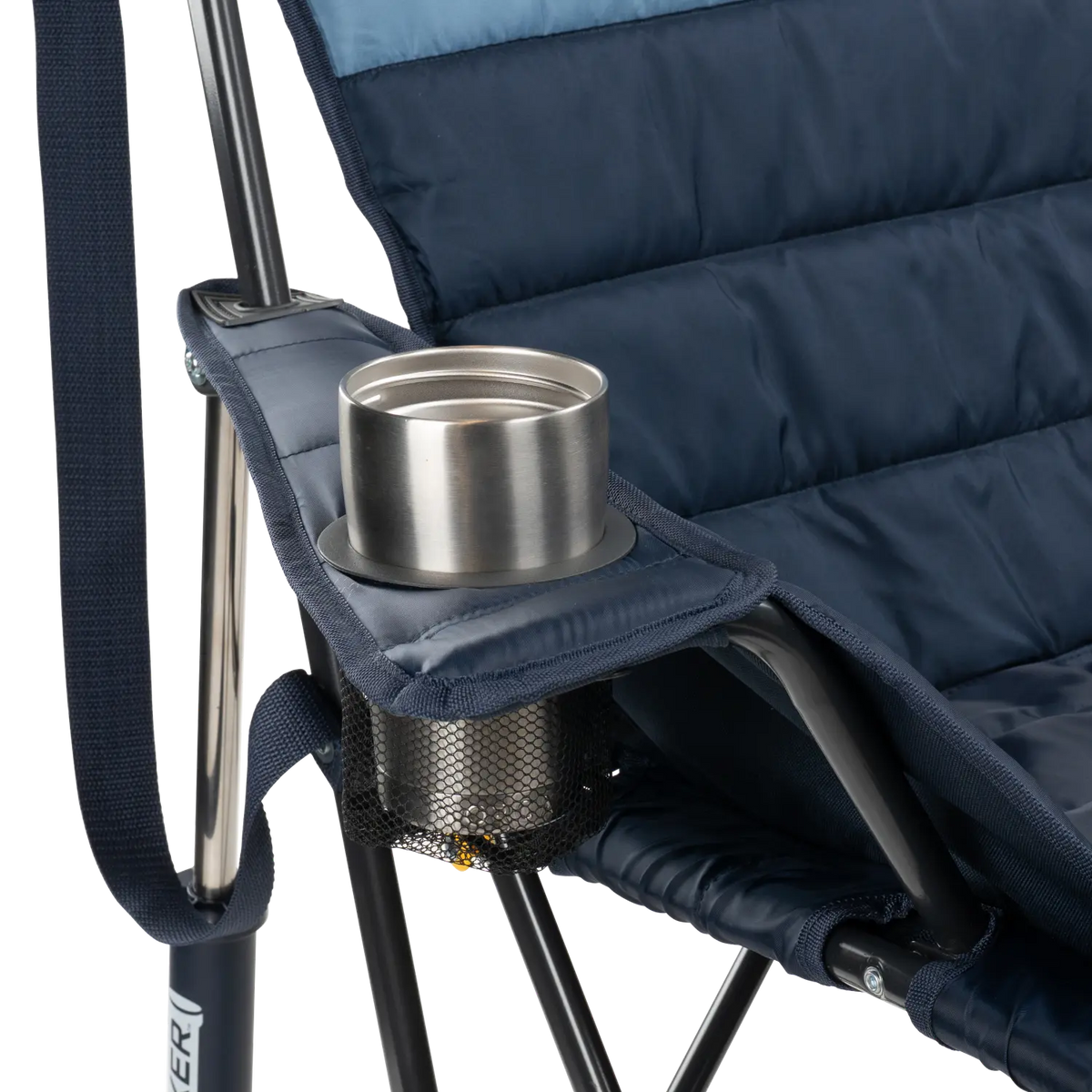Close up view of the beverage holder on the indigo Comfort Pro Insulated Rocker.