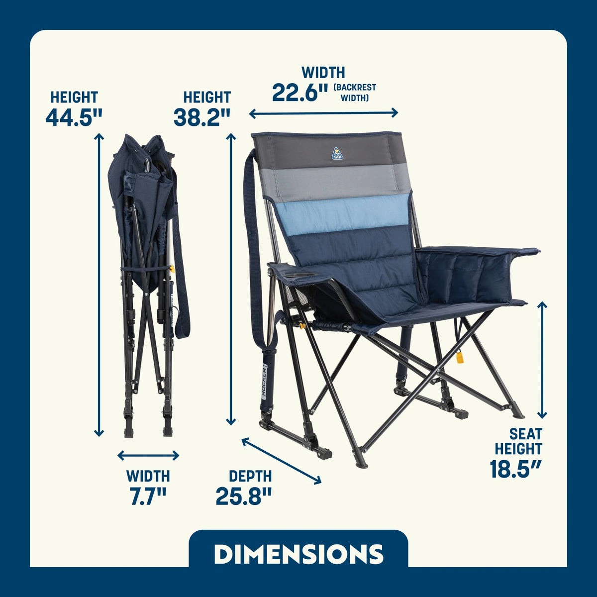 Dimension overview of the Comfort Pro Insulated Rocker open and folded, showing labeled seat height, width, depth, and back height.