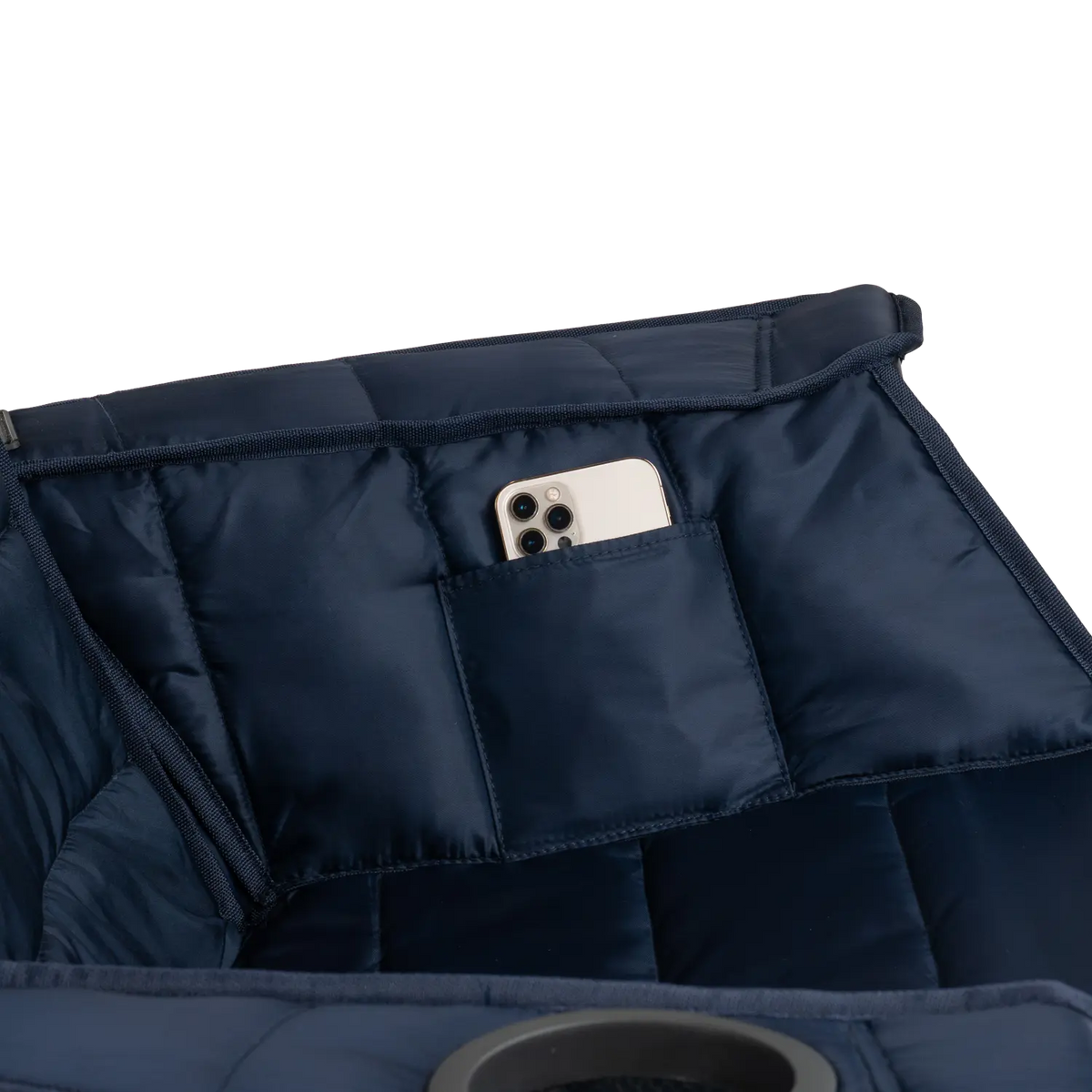 Close up view of the phone holder pocket on the indigo Comfort Pro Insulated Rocker.