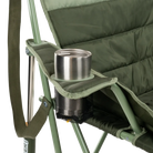 Close up view of the beverage holder on the olive Comfort Pro Insulated Rocker.