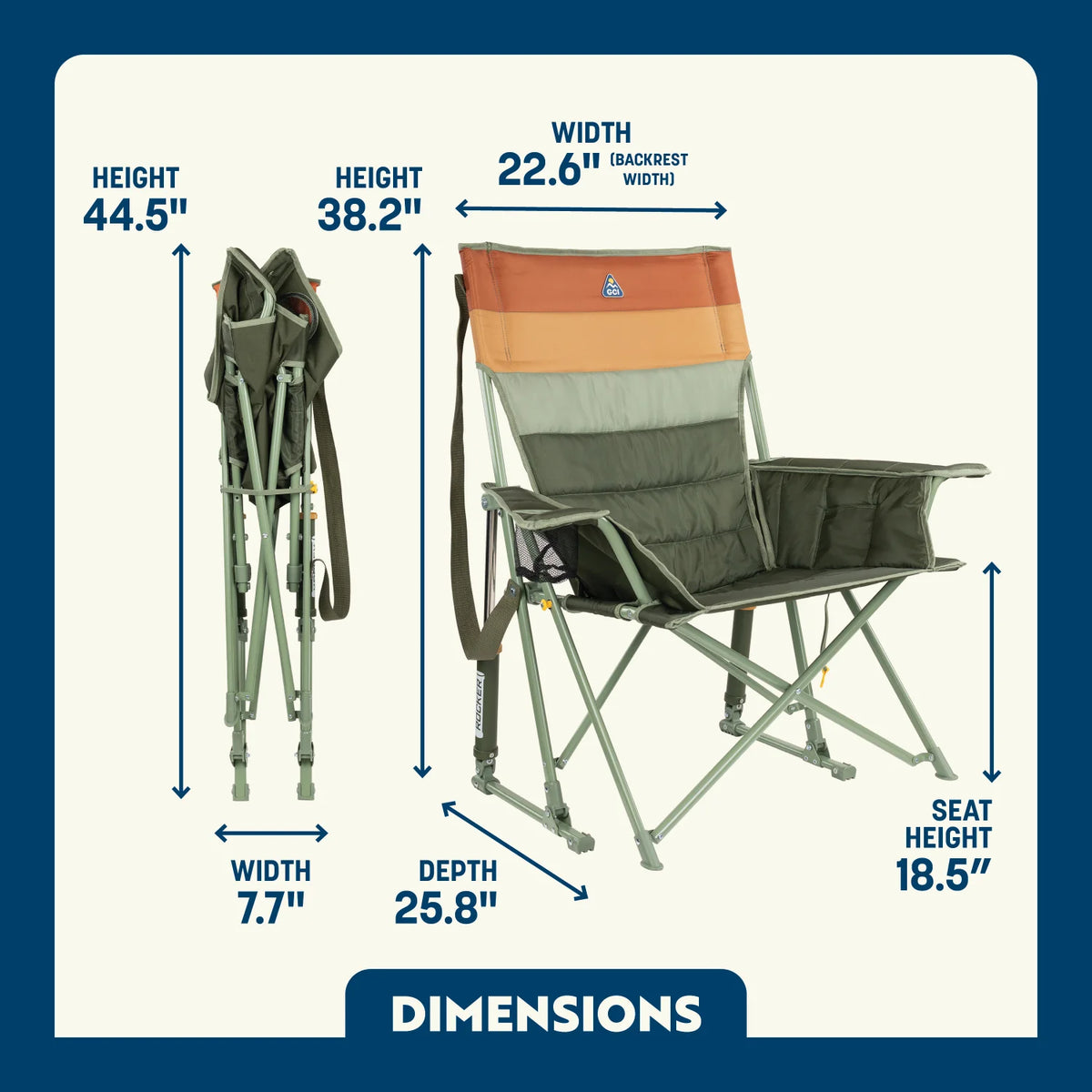 Dimension overview of the Comfort Pro Insulated Rocker open and folded, showing labeled seat height, width, depth, and back height.