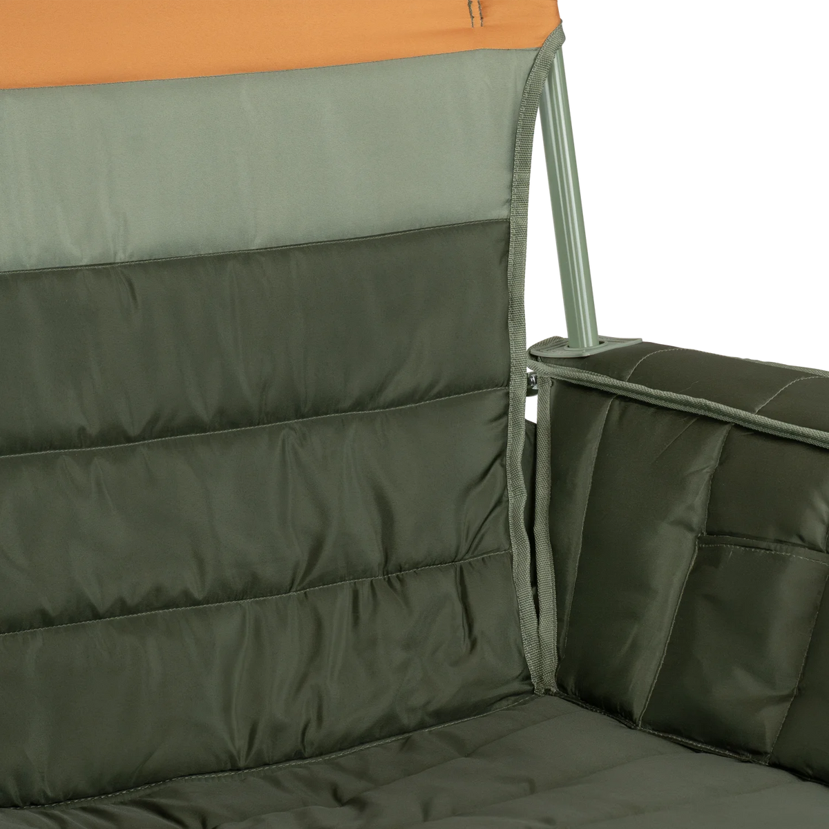 Close up view of the quilted fabric on the olive Comfort Pro Insulated Rocker.