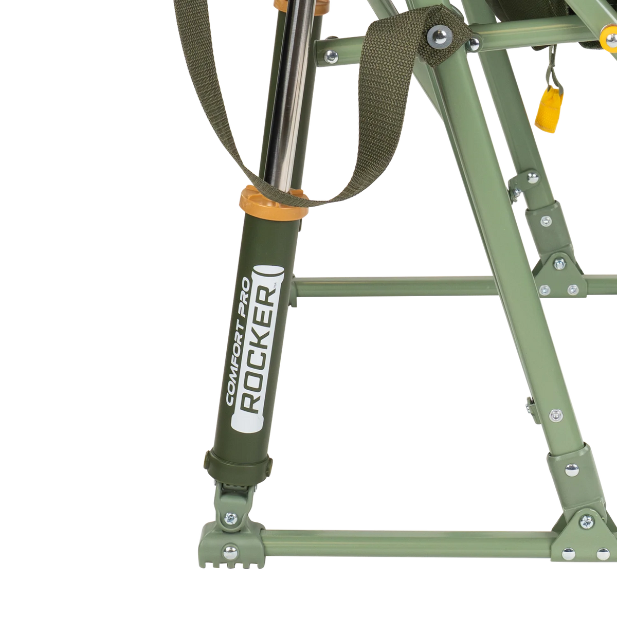 Close up view of the Spring-Action shocks on the olive Comfort Pro Insulated Rocker.