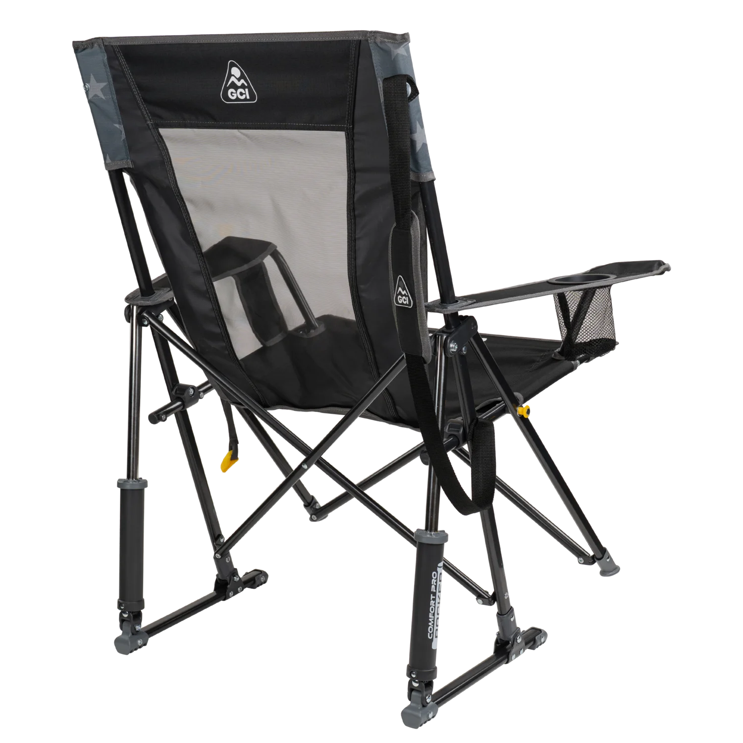 Back right angle of the Americana black comfort pro rocker.
