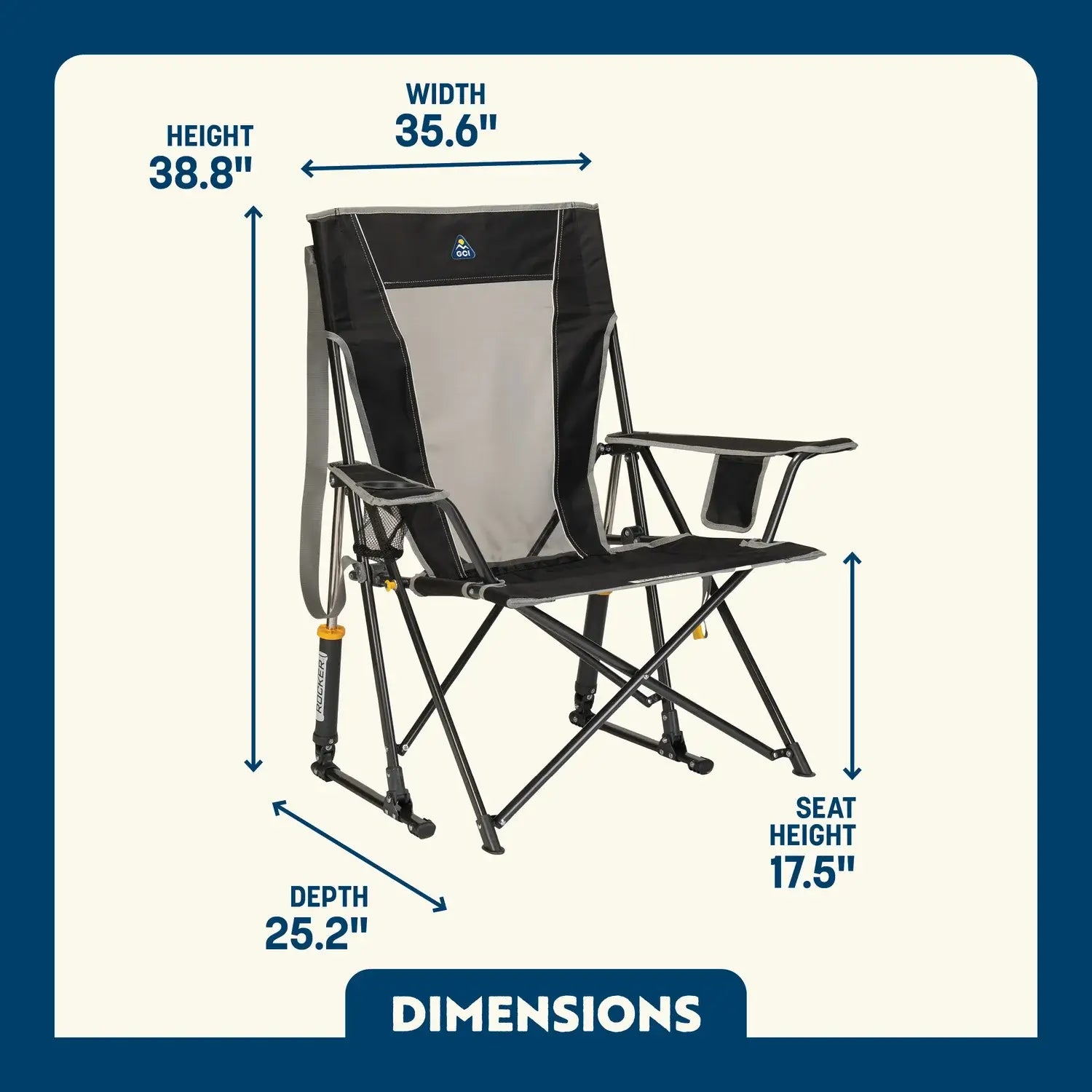 Black Comfort Pro Rocker shown open, with seat height, width, depth, and total height labeled.