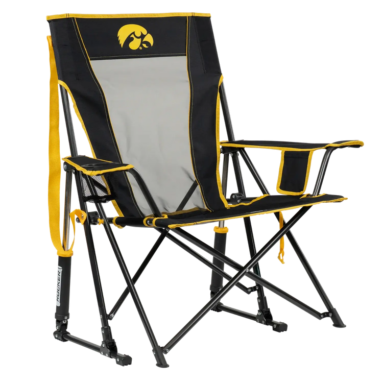 Side angle of Comfort Pro Rocker with University of Iowa print.