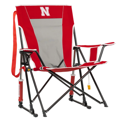 Side angle of Comfort Pro Rocker with University of Nebraska print.