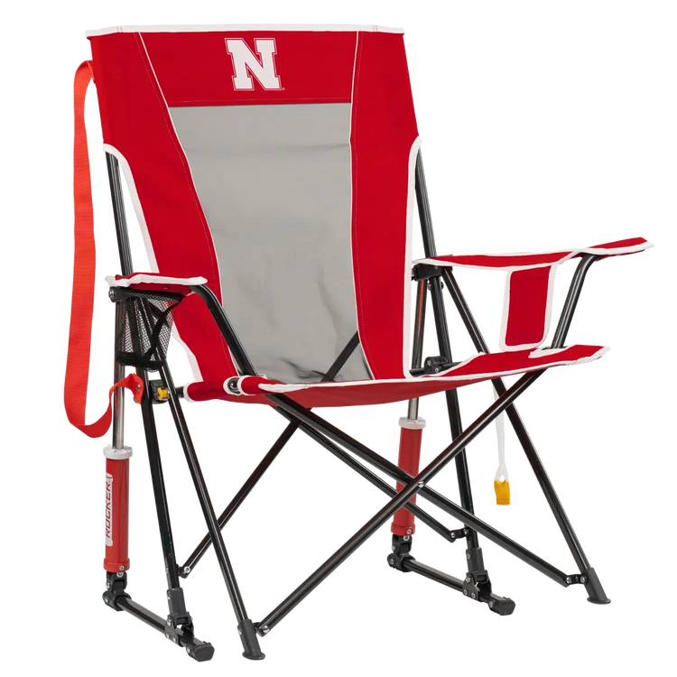 Side angle of Comfort Pro Rocker with University of Nebraska print.
