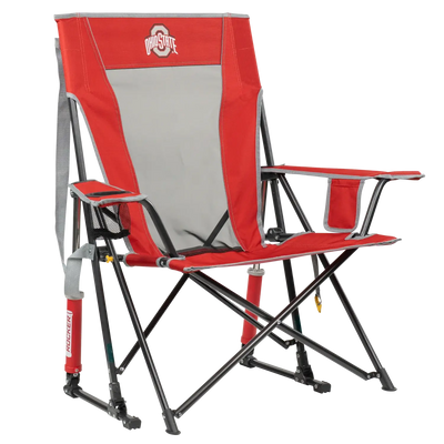 Side angle of Comfort Pro Rocker with Ohio State University print.