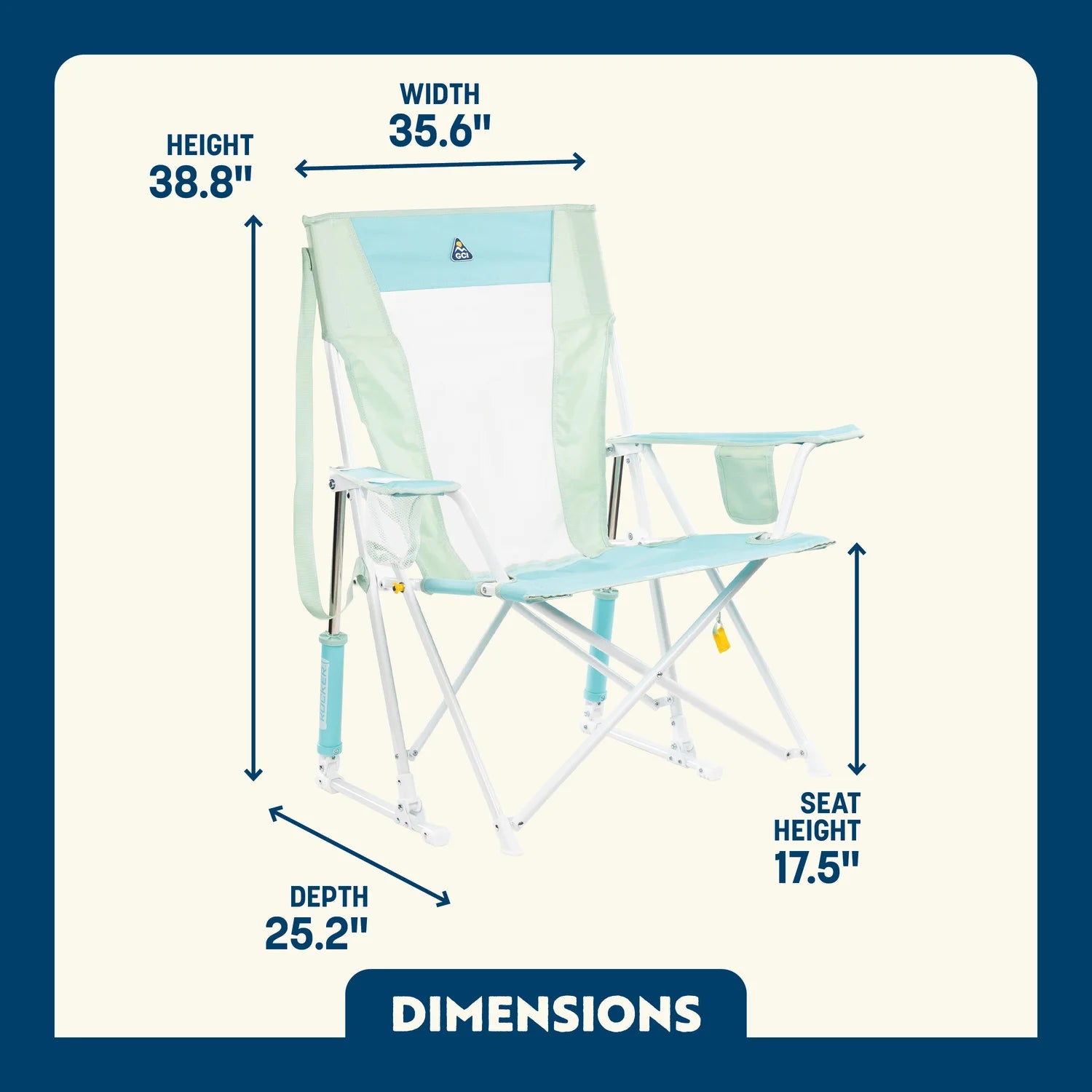 Dimensions overview of the Pastel Green Comfort Pro Rocker. 