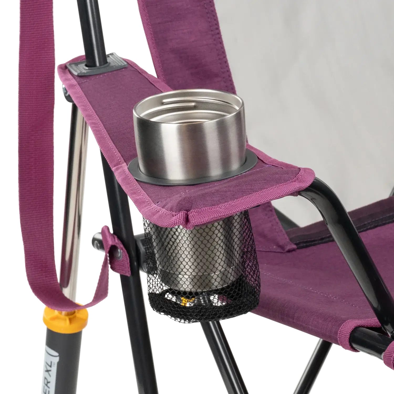Close-up of the cup holder on the heathered berry Comfort Pro Rocker XL.