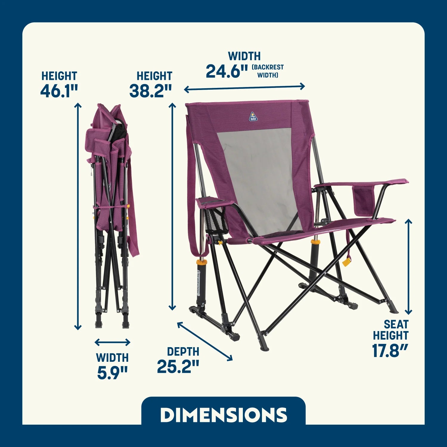 Dimension overview of the Comfort Pro Rocker XL open and folded, showing labeled seat height, width, depth, and back height.