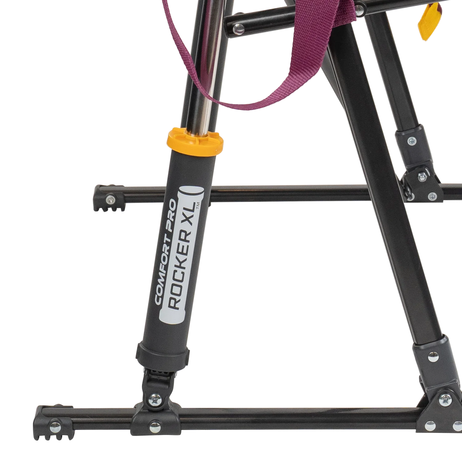 Close-up of the Spring-Action shocks on the heathered berry Comfort Pro Rocker XL.