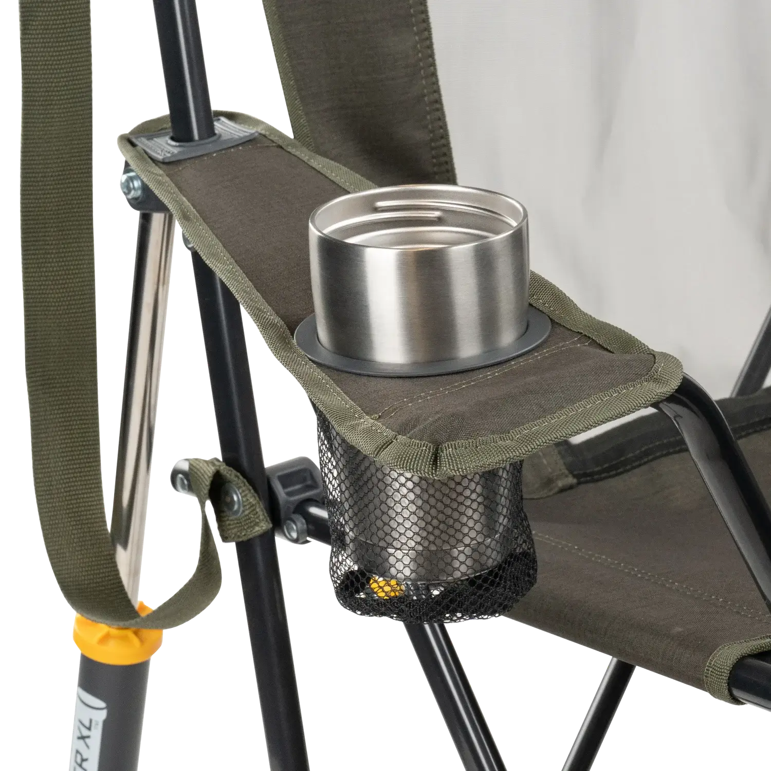 Close-up of the cup holder on the heathered olive Comfort Pro Rocker XL.