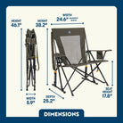 Dimension overview of the Comfort Pro Rocker XL open and folded, showing labeled seat height, width, depth, and back height.