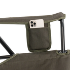 Close-up of the phone holder on the heathered olive Comfort Pro Rocker XL.