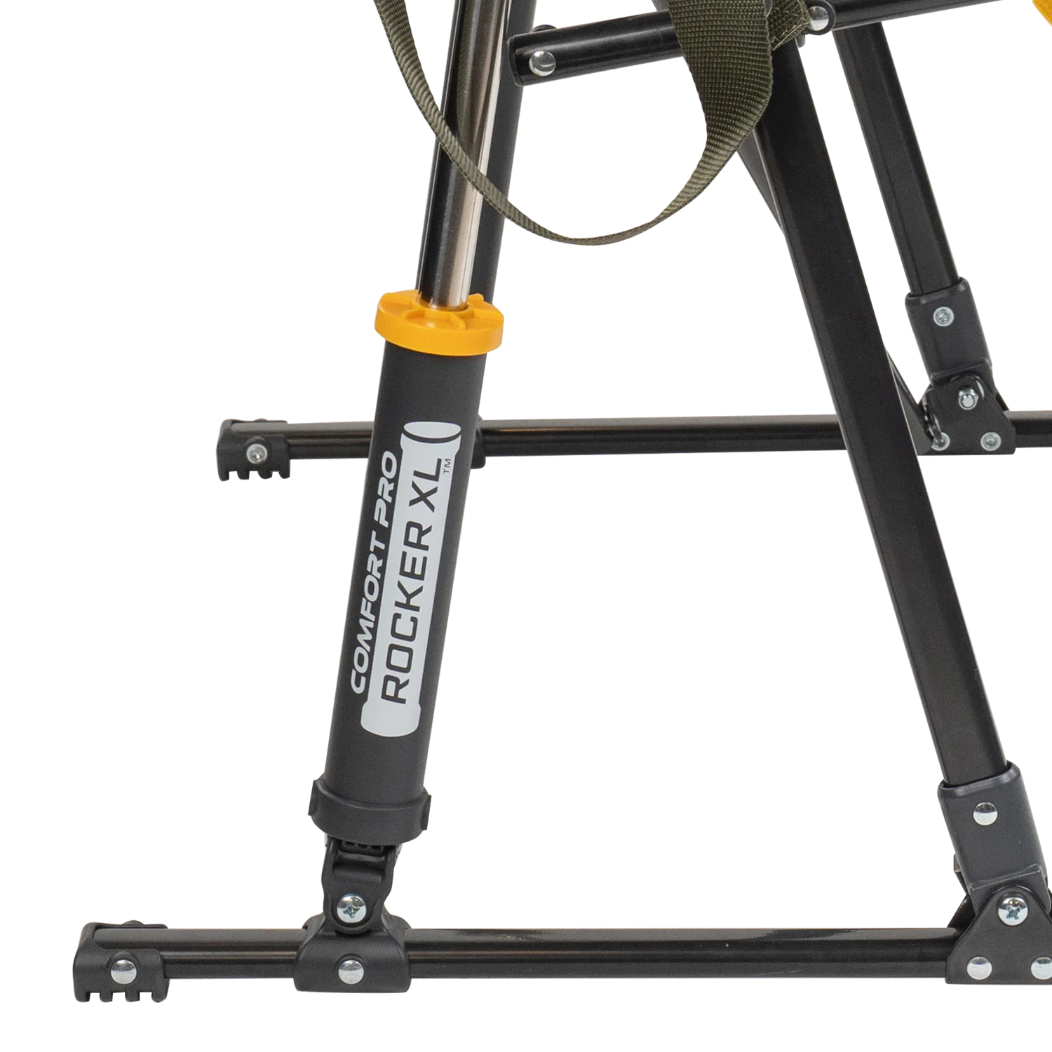 Close-up of the Spring-Action shocks on the heathered olive Comfort Pro Rocker XL.