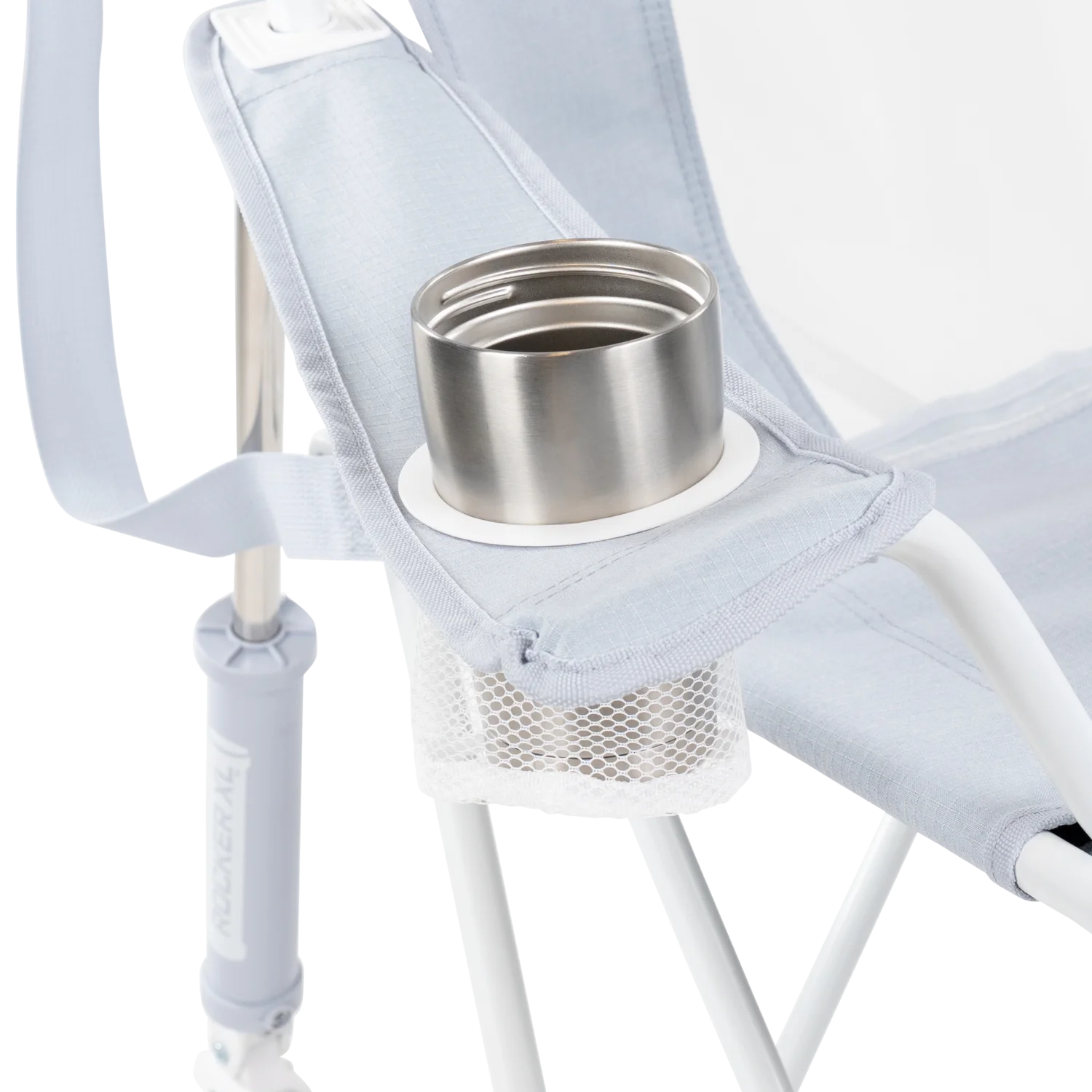 Cup holder and armrest of the Heathered Light Blue Comfort Pro Rocker XL.