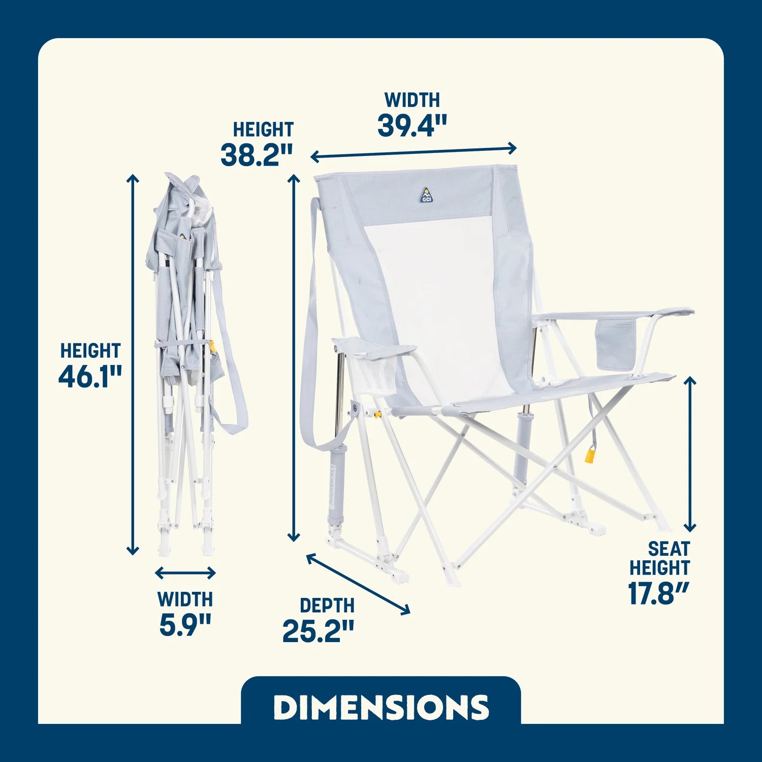 Tan Comfort Pro XL rocker shown folded and open, featuring wide seat, mesh back, and carry strap.