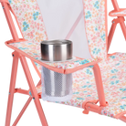 Up-close of the beverage holder on the Comfort Quad Chair in coral sundress print.