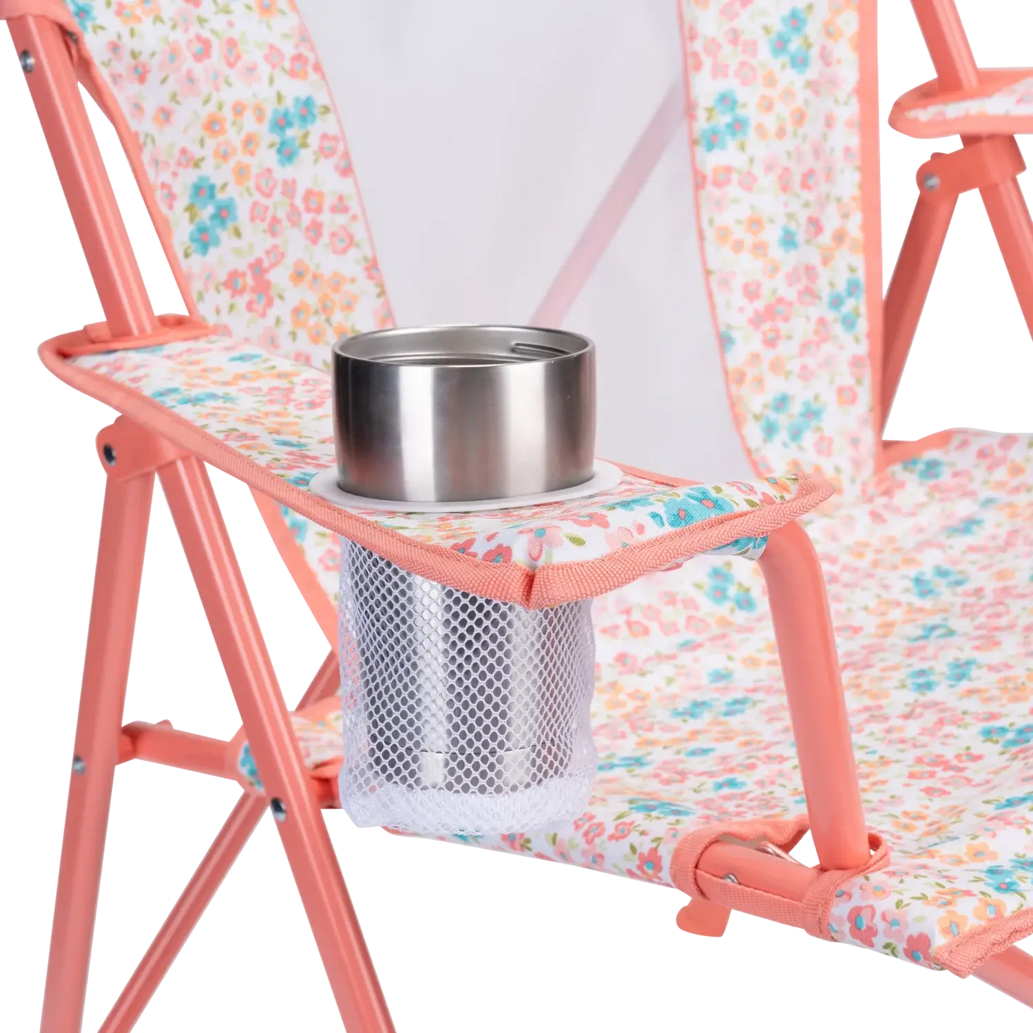 Up-close of the beverage holder on the Comfort Quad Chair in coral sundress print.