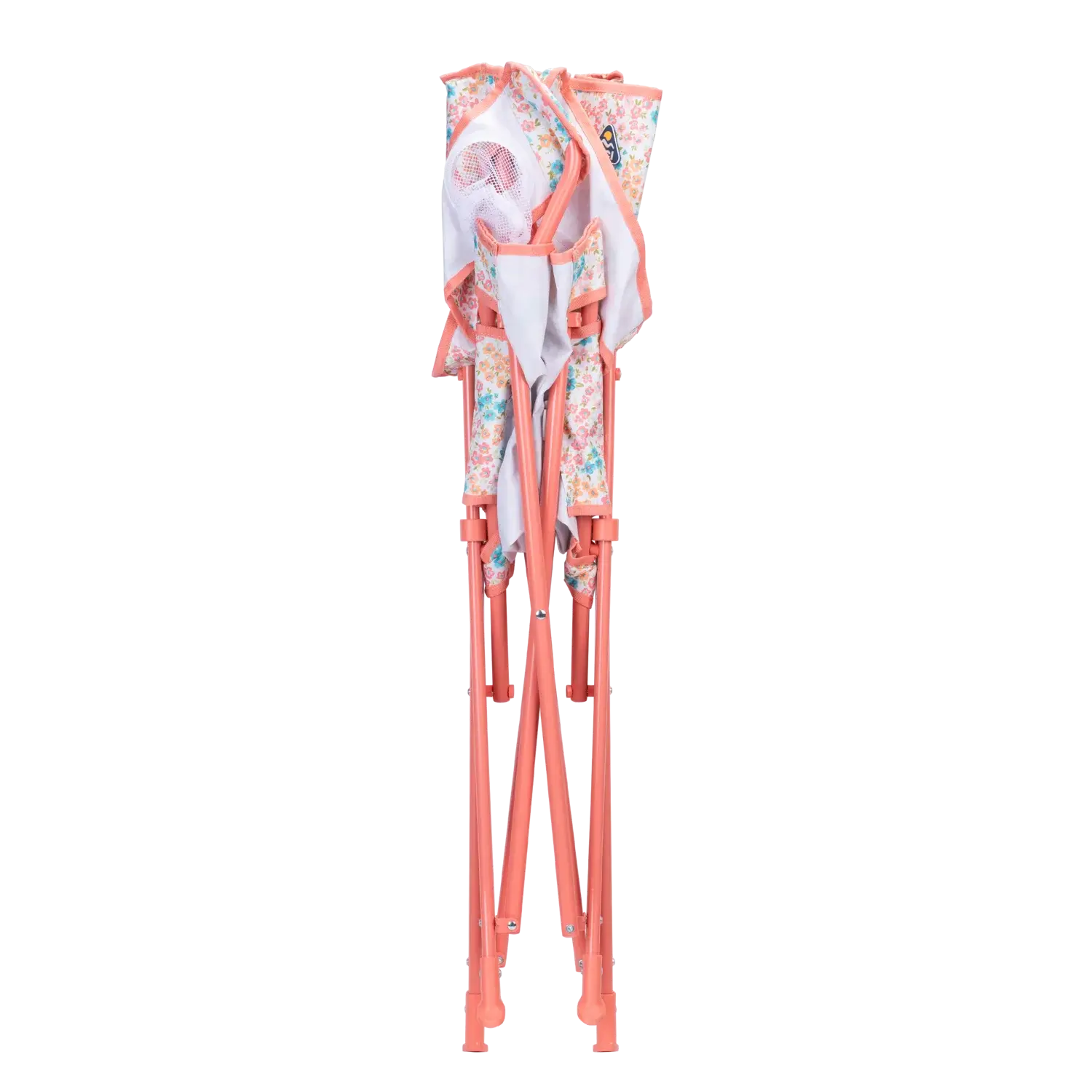 The coral sundress Comfort Quad Chair folded up. 