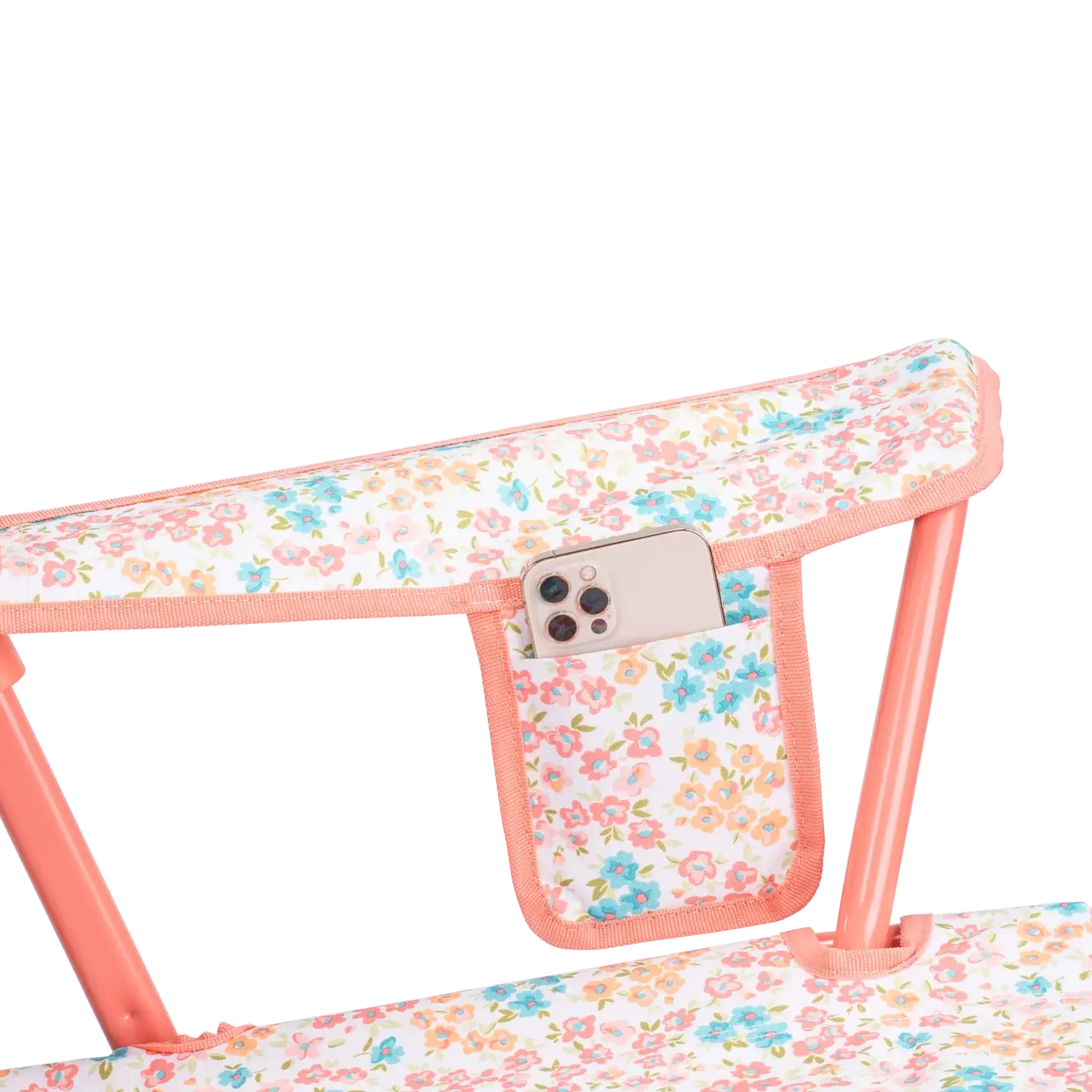Up-close of the phone holder pocket on the Comfort Quad Chair in coral sundress print.