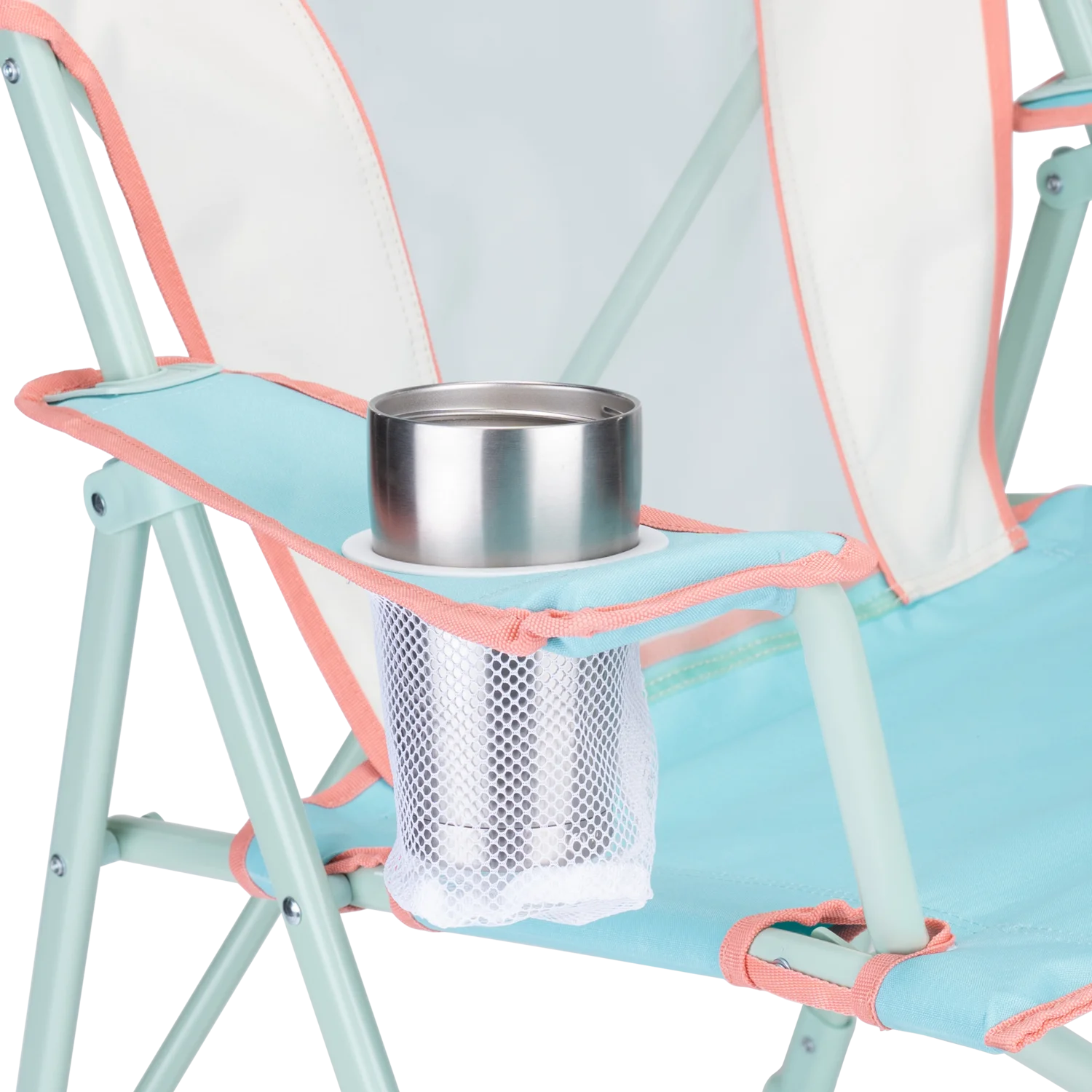 Close-up of the phone holder pocket on the Comfort Quad Chair in ivory color block.