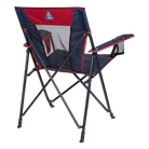 Back side angle of the indigo/red Comfort Quad Chair. 