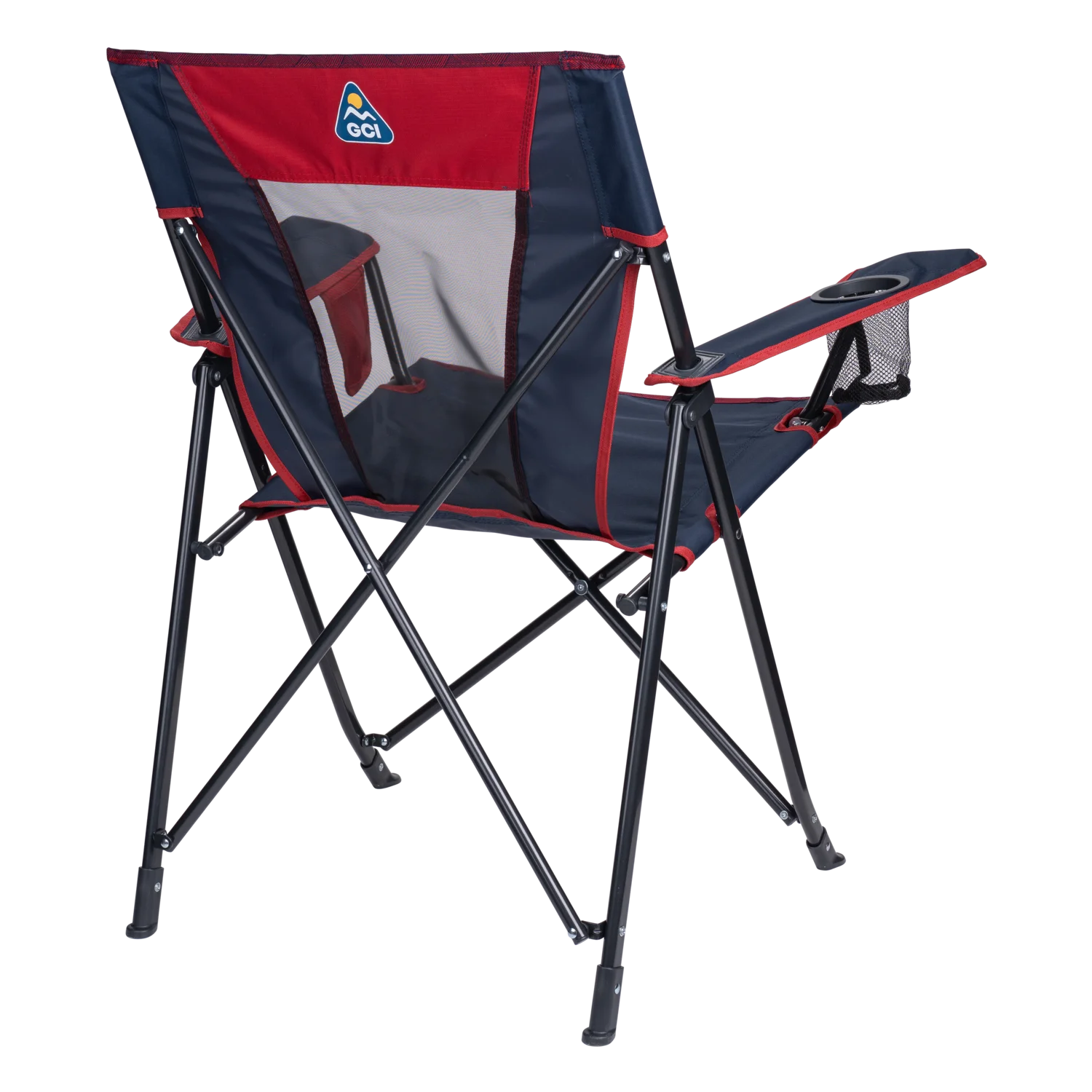 Back side angle of the indigo/red Comfort Quad Chair. 