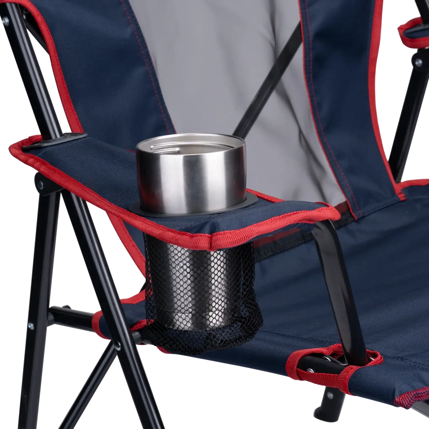 A cup inside the cup holder of the indigo/red Comfort Quad Chair. 