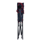 The indigo/red Comfort Quad Chair folded up. 