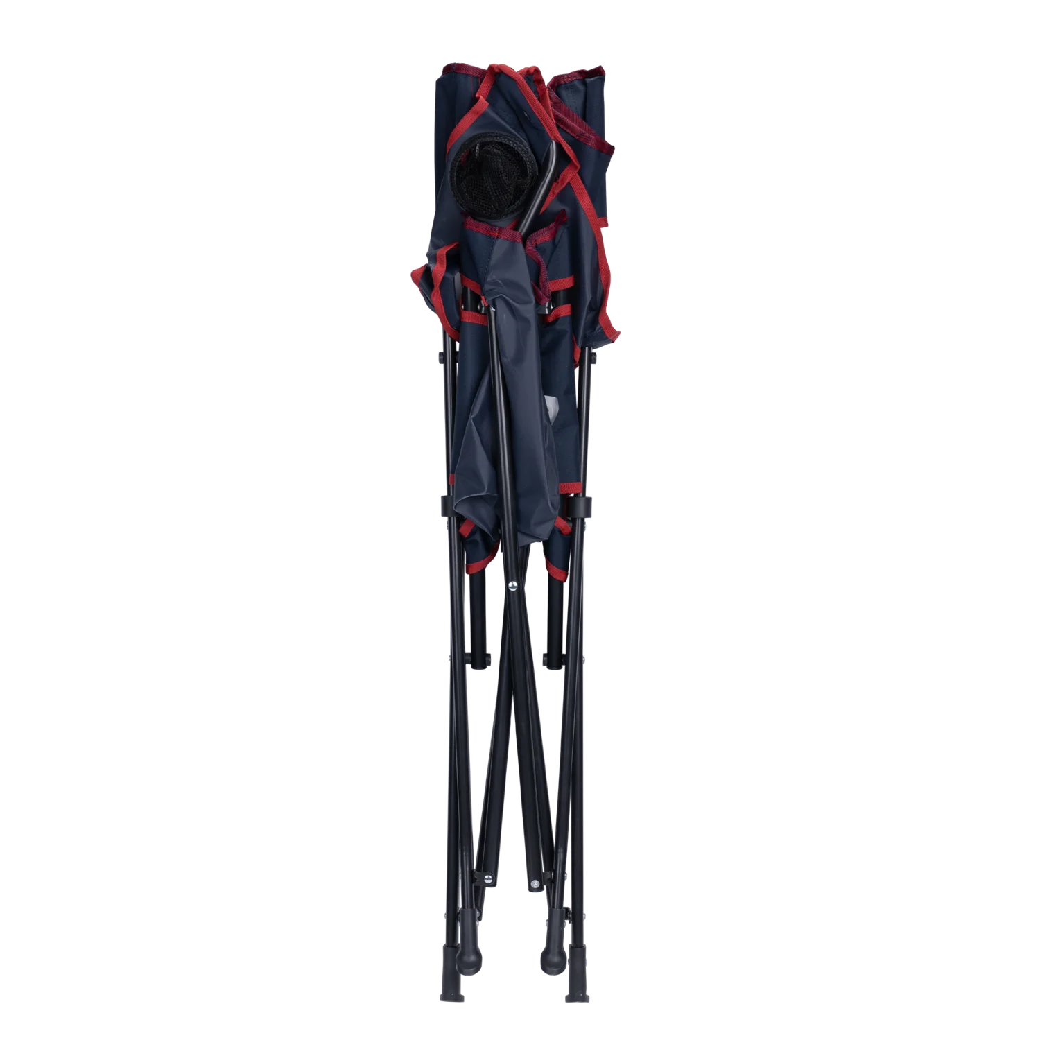 The indigo/red Comfort Quad Chair folded up. 