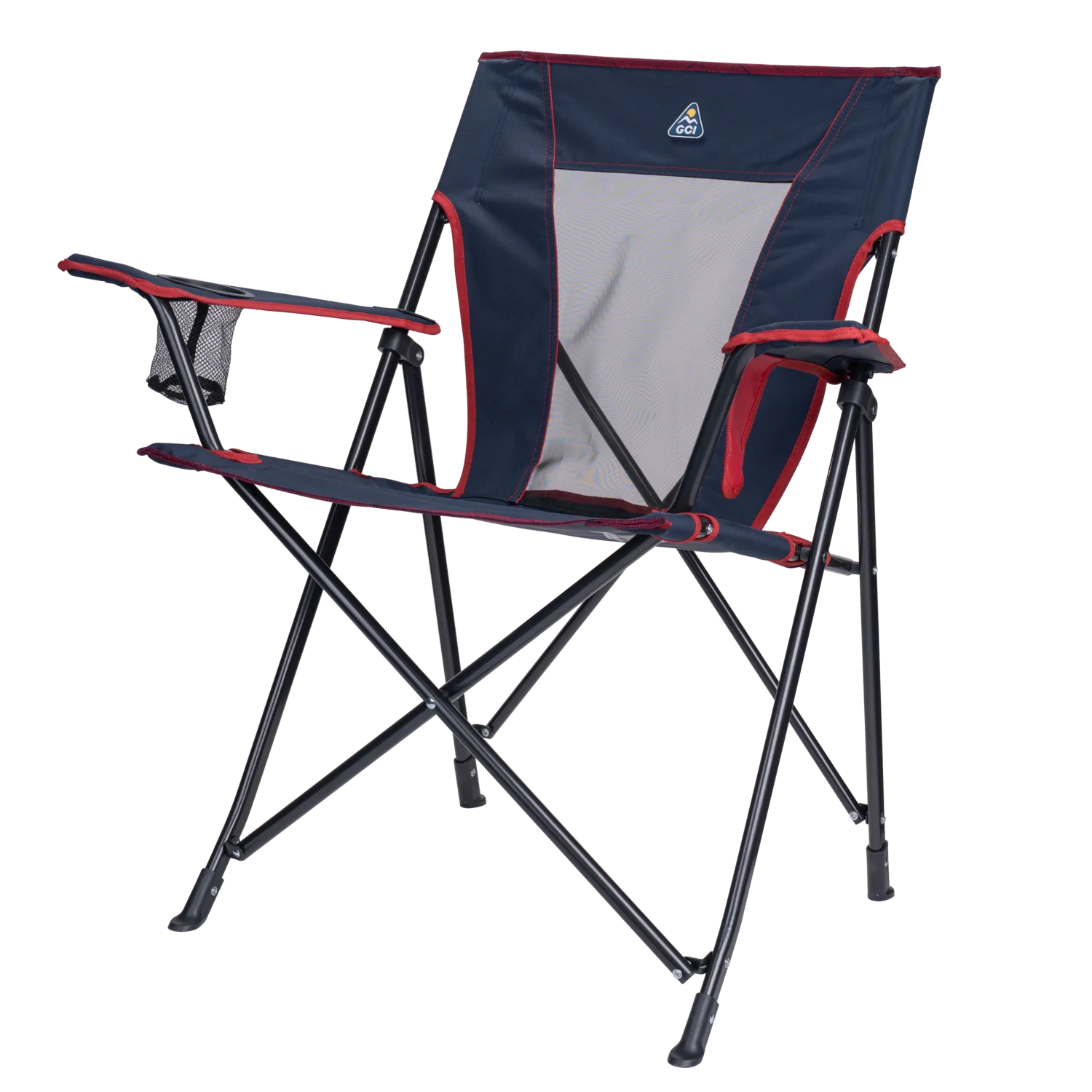Front left angle of the indigo/red Comfort Quad Chair. 