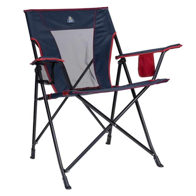 The front right angle of the indigo/red Comfort Quad Chair. 