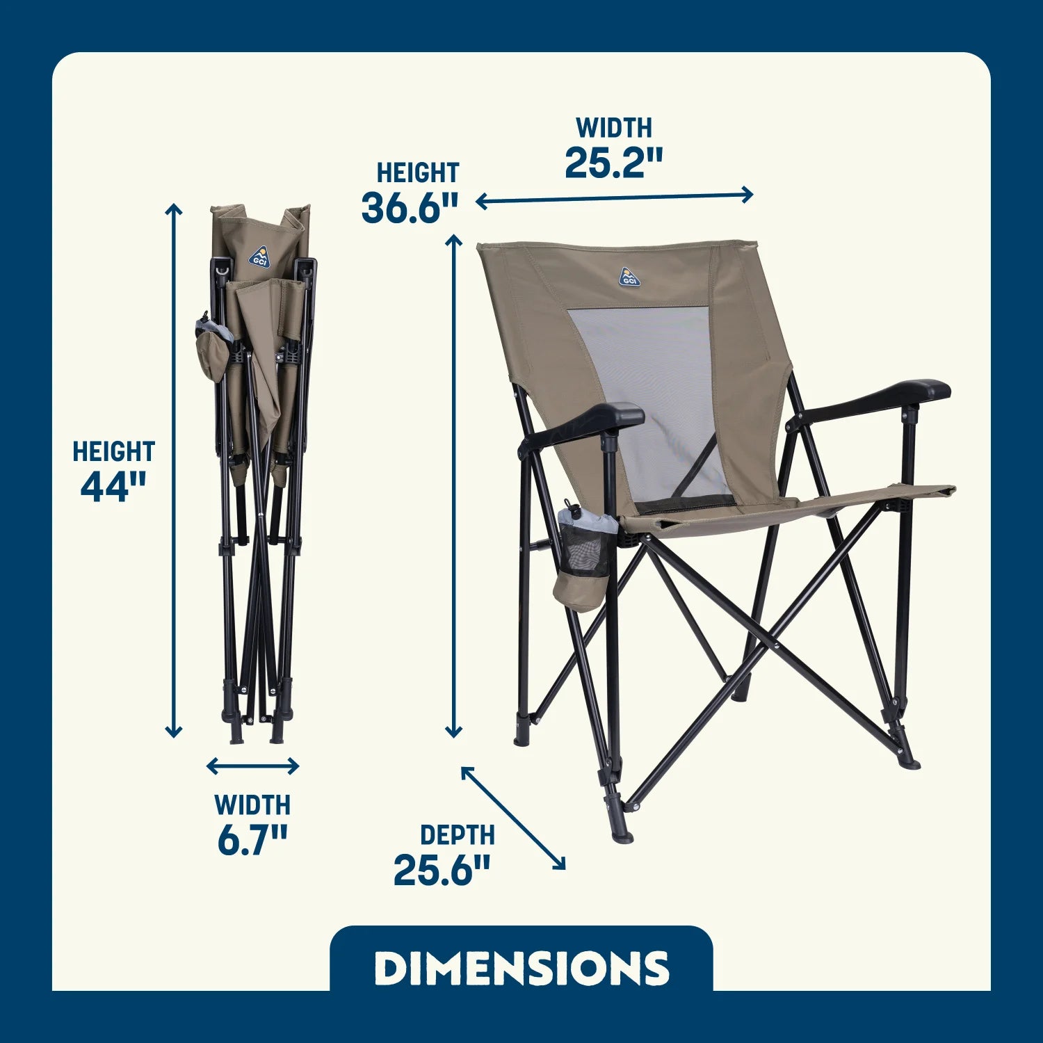 Dimension overview of the Eazy Chair open and folded, showing labeled seat height, width, depth, and back height.