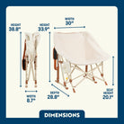 Dimension overview of the Fleece Rocker open and folded, showing labeled seat height, width, depth, and back height.