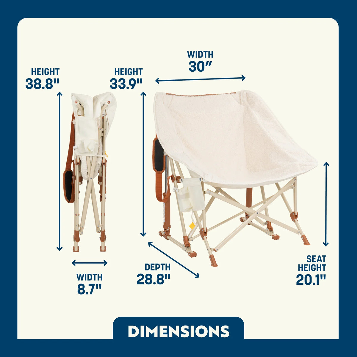 Dimension overview of the Fleece Rocker open and folded, showing labeled seat height, width, depth, and back height.
