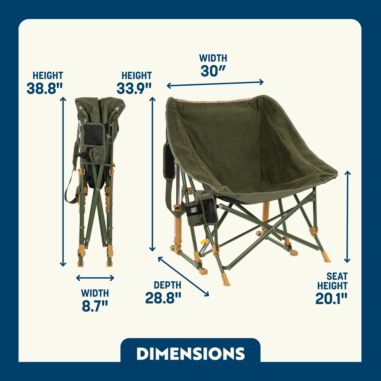 Dimension overview of the Fleece Rocker open and folded, showing labeled seat height, width, depth, and back height.