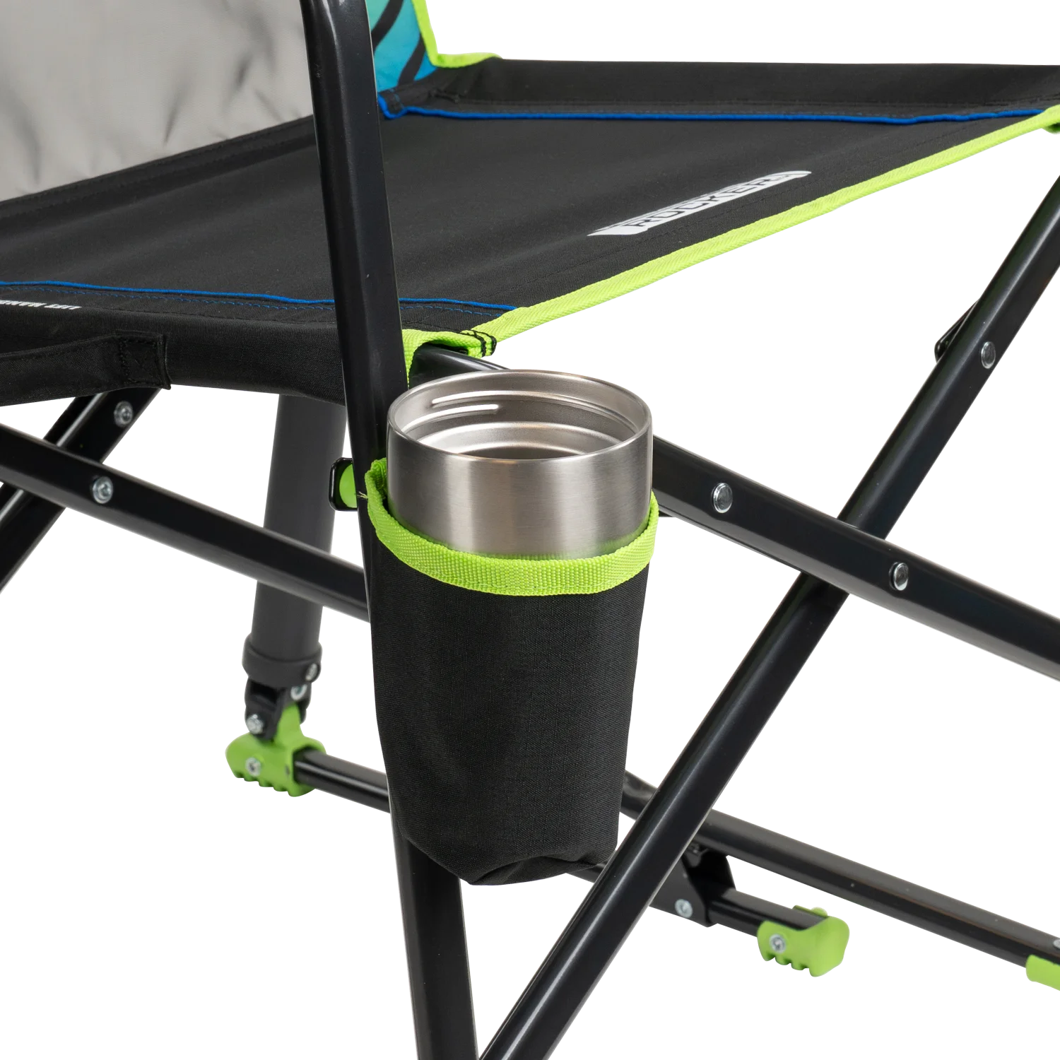 Close-up of the cup holder on the blue/green shockwave Freestyle Rocker.