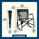Dimension overview of the Freestyle Rocker open and folded, showing labeled seat height, width, depth, and back height.