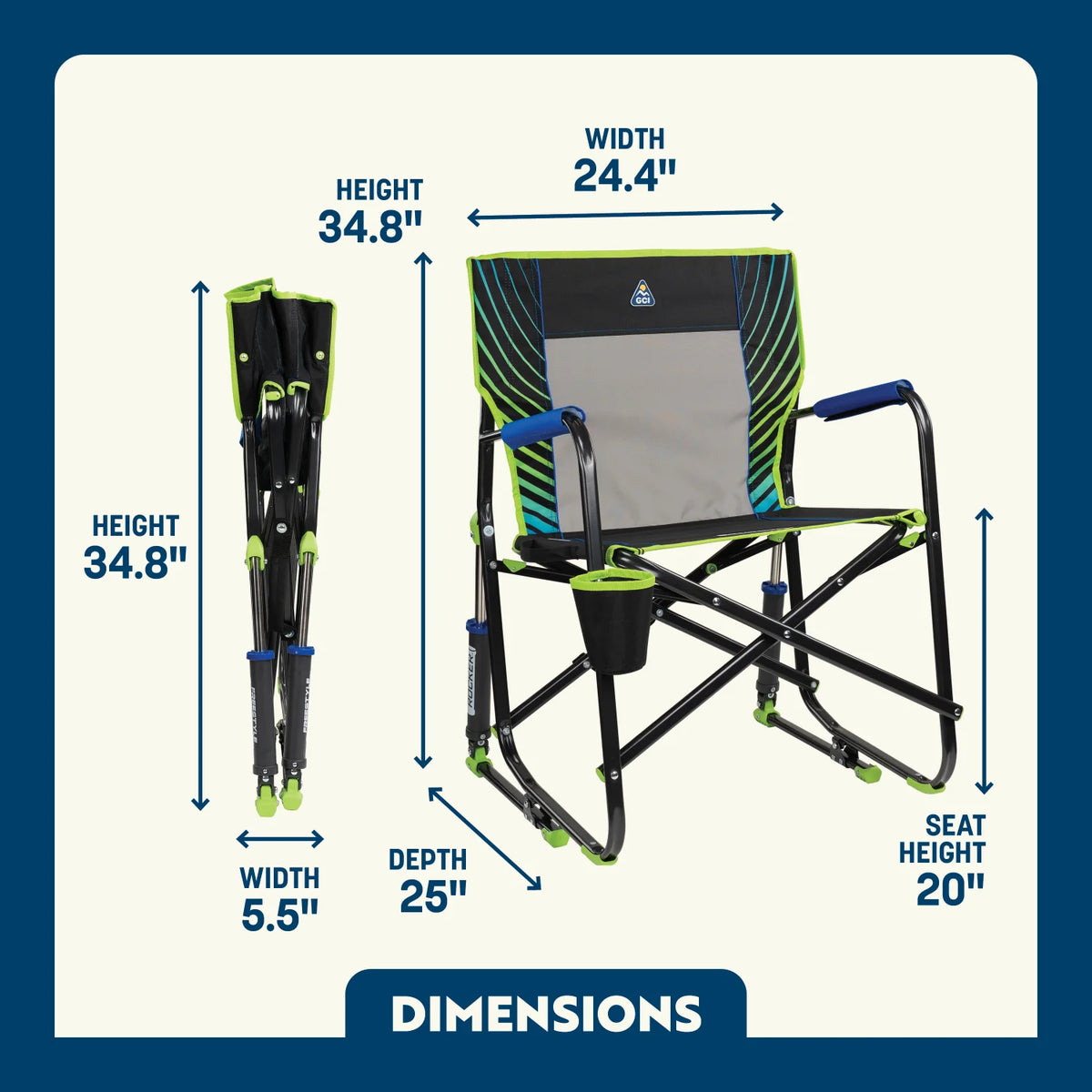 Dimension overview of the Freestyle Rocker open and folded, showing labeled seat height, width, depth, and back height.