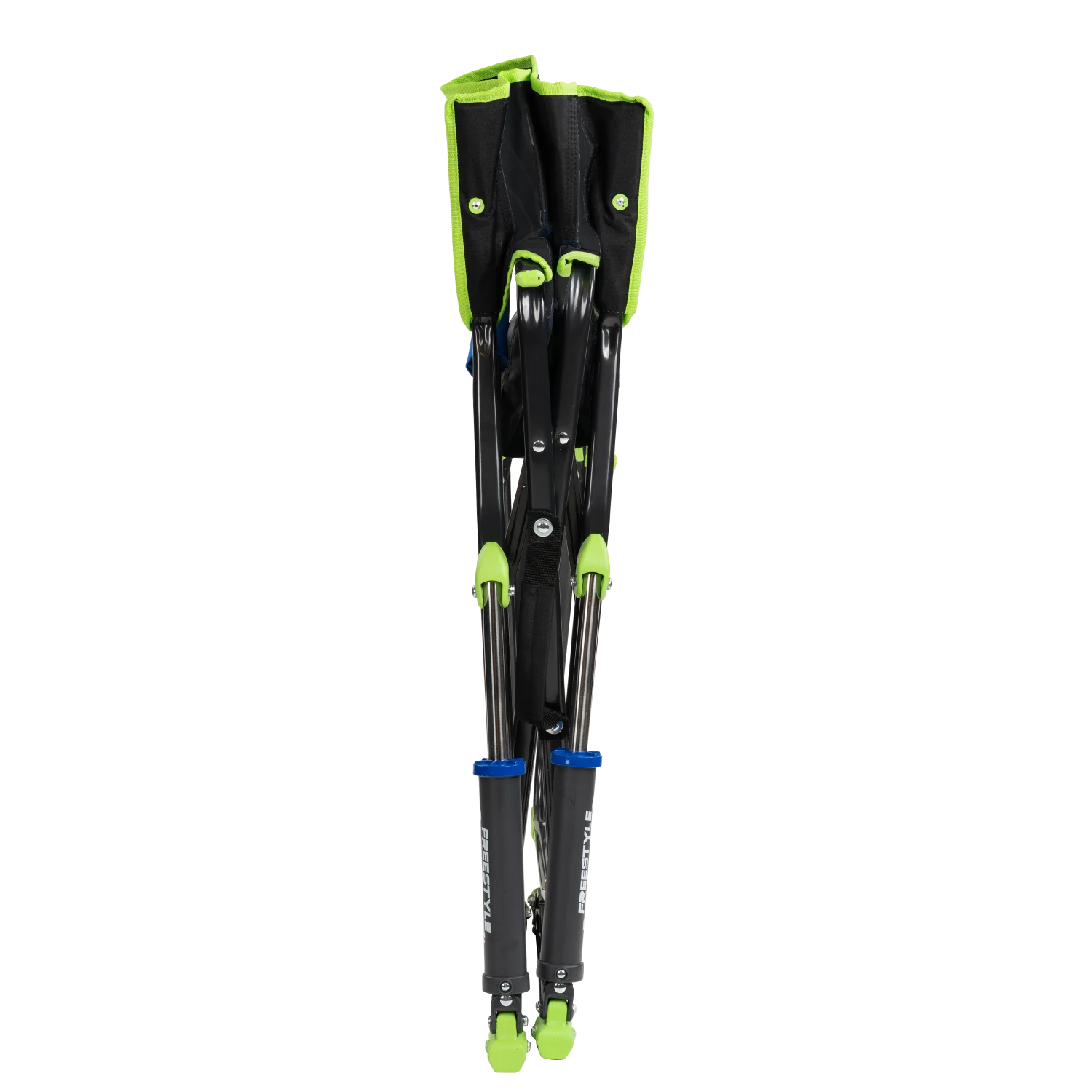 Front view of the folded Freestyle Rocker in blue/green shockwave.