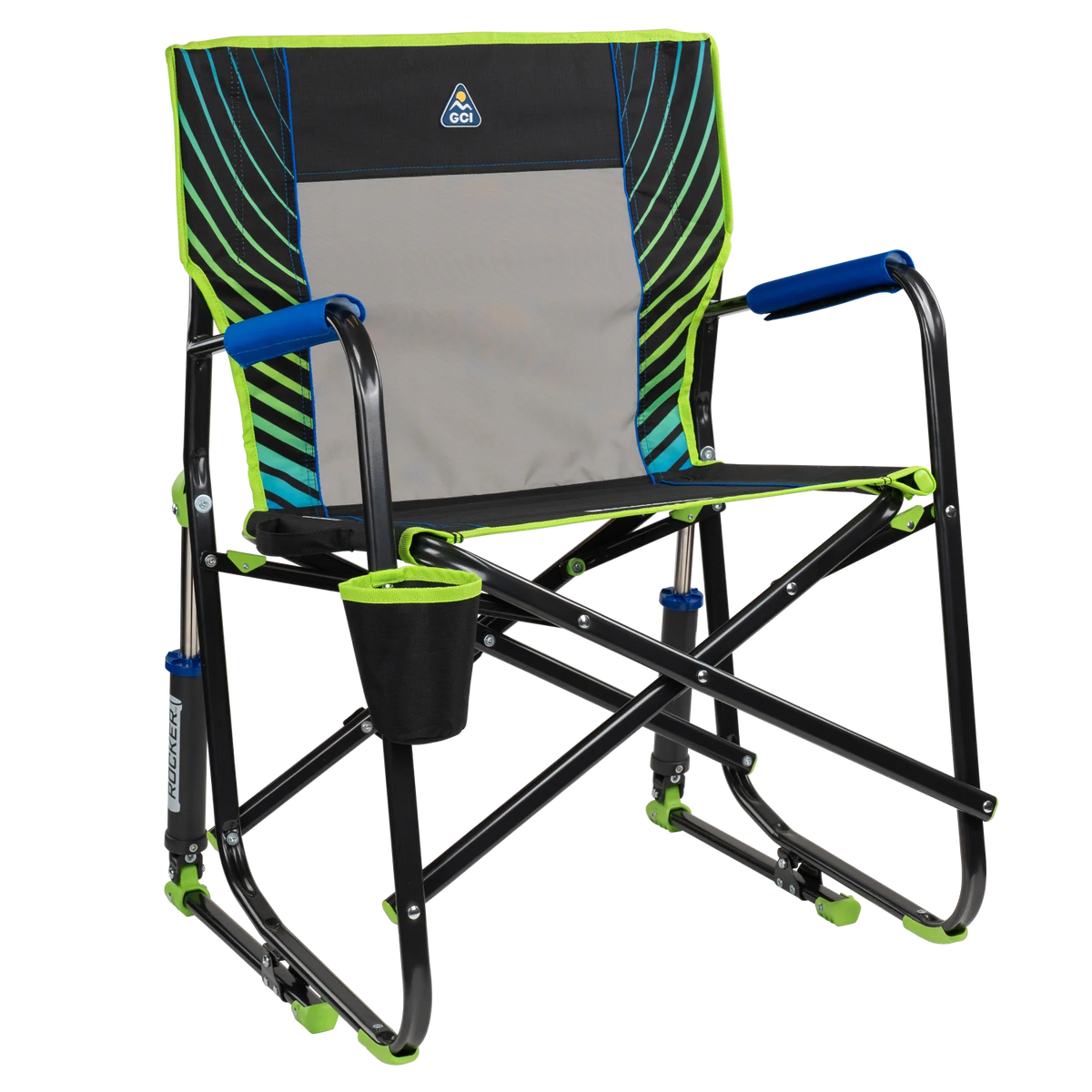 Front right view of the blue/green shockwave Freestyle Rocker.